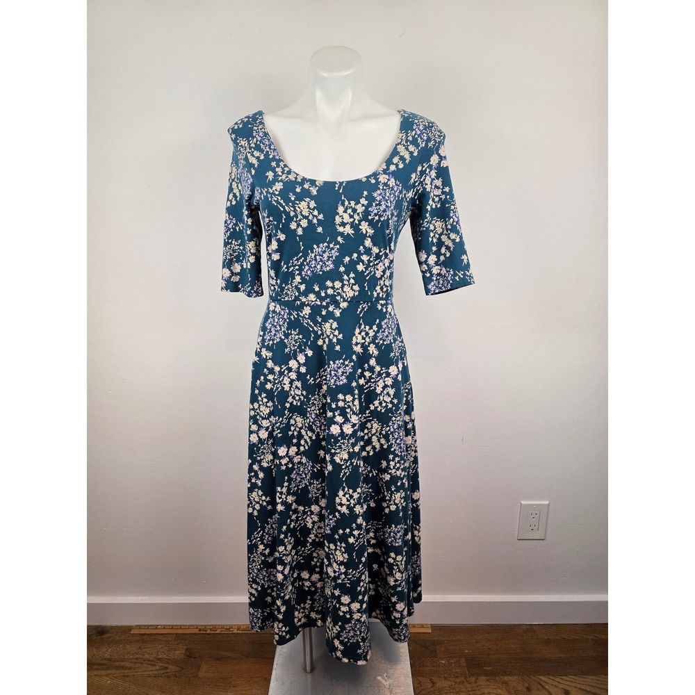 Pact Organic Cotton Floral Fit & Flare Midi Dress Teal Short Sleeve Pockets M